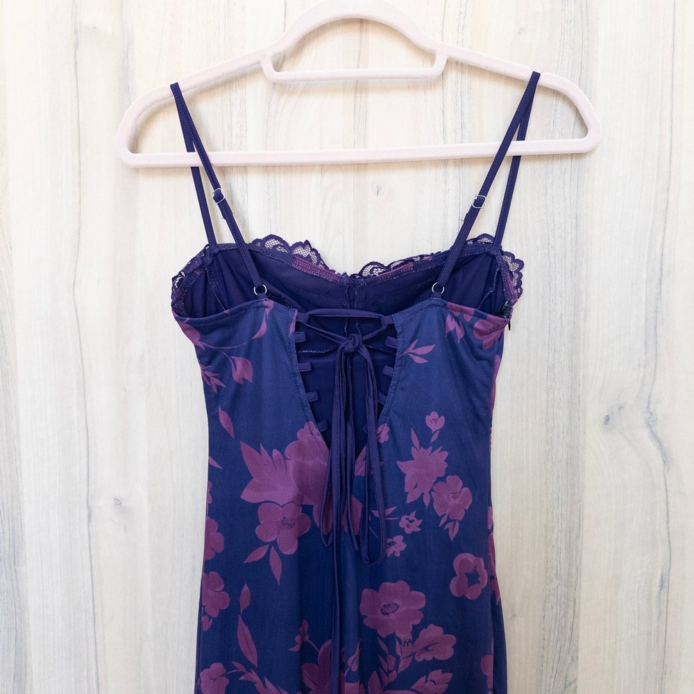 Womens Floral Mesh Midi Dress XS Purple Lace Trim Corset Back Coquette Y2K Fairy - Picture 6 of 9